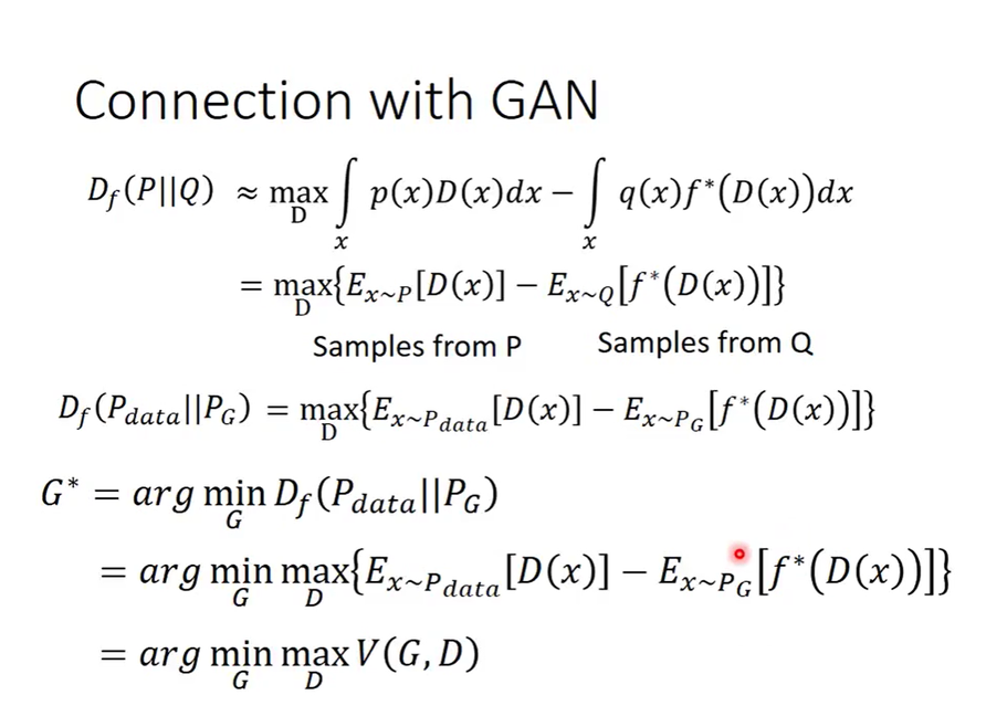 GAN的目标函和f-divergence任意替换的公式(原理在李宏毅第5课 意义不大 懒得贴出).png